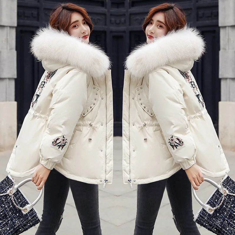 Down Jacket Women's Mid-length Winter Zipper Elegant Irregular Hem Brand Cotton-padded Clothes with Genuine Fur Collar