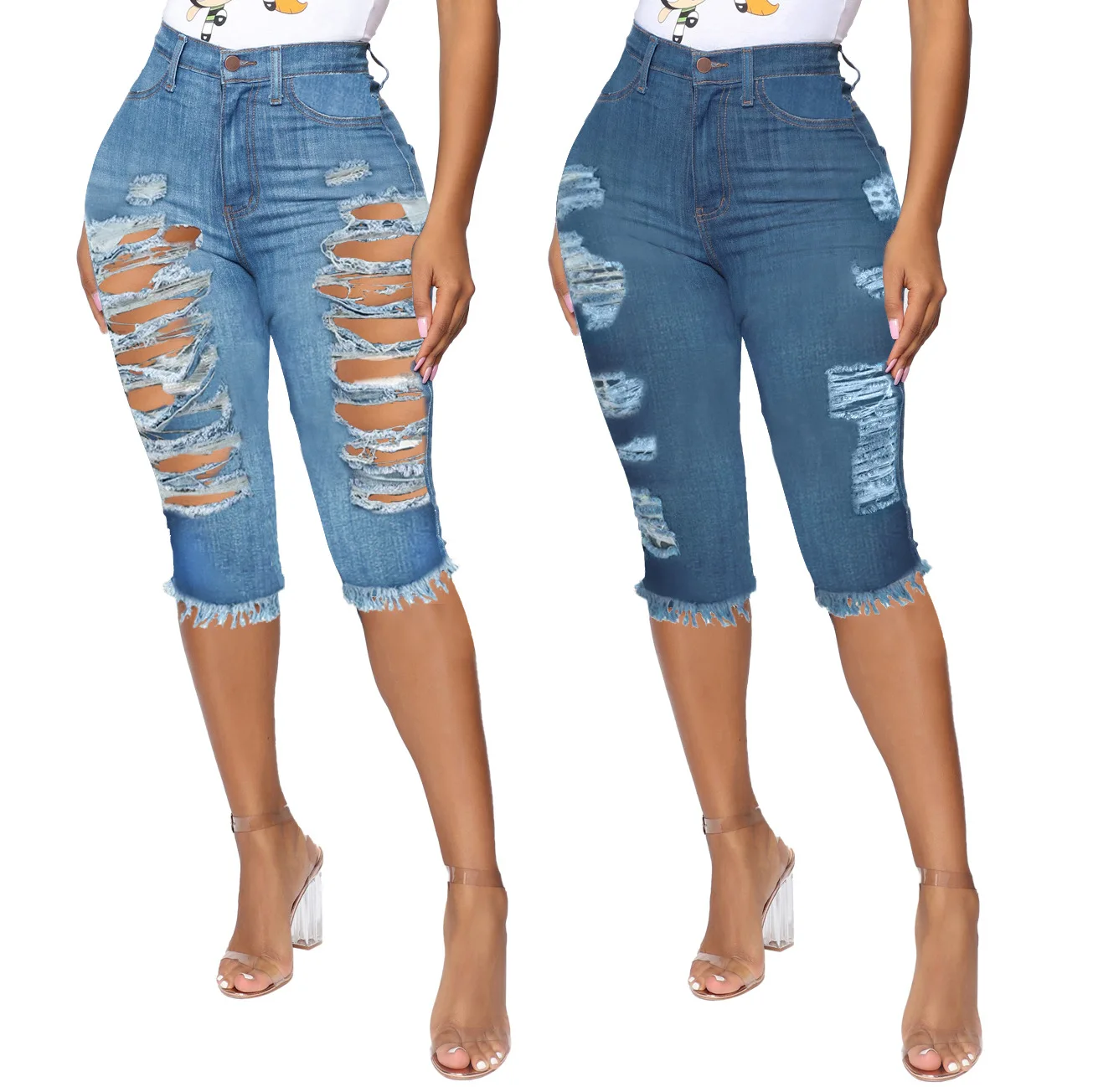 

HSF2400 women's jeans fashion slim high-waisted hole stretch denim seven-point pants