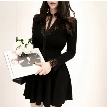 

Black Color V Neck Sexy Dress For Women Plus Size Slim Waist Dress Female With Lace Edge And Long Sleeves M L XL XXL