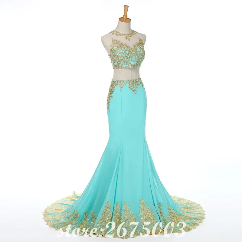 

New Arrival Two Pieces Gold Applique Mermaid Long Custom Made Prom Dresses Vestido de Festa 2020