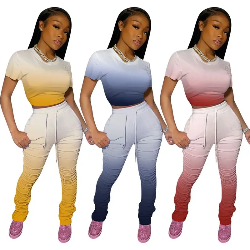 

Women's Two Piece Set Gradient Crop Top +Stacked Trousers Leggings Pants Summer Tracksuits Casual Matching set Plus Size S-XXL