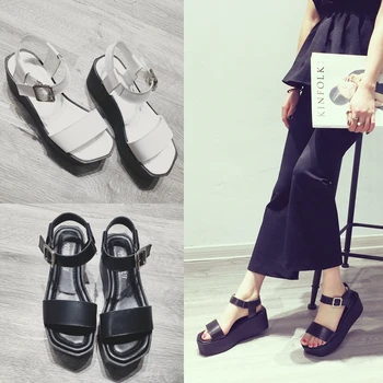

2020 new sandals leather wedge platform sandals platform high heel platform fish mouth one word buckle Roman women's shoes
