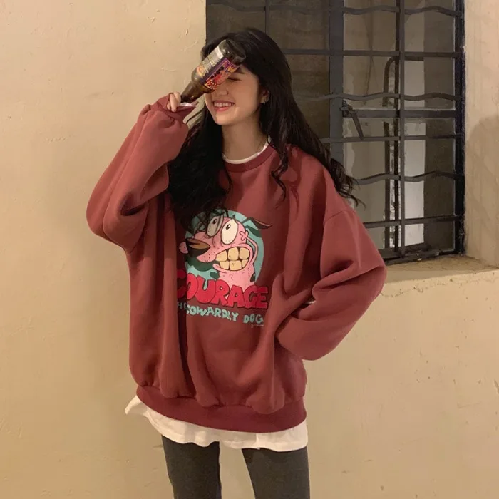 Поддельные из двух частей утолщаются плюс бархат толстовка женский свободный корейский студентов дикий мультфильм печати с длинным рукавом пуловер Топы - Цвет: Red