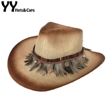 YY перо ковбойская Кепка для летних женщин солнцезащитные шапки мужские широкие джазования с полями шляпа ретро соломенная ковбойская Панама шляпа сомбреро Hombre CM19020