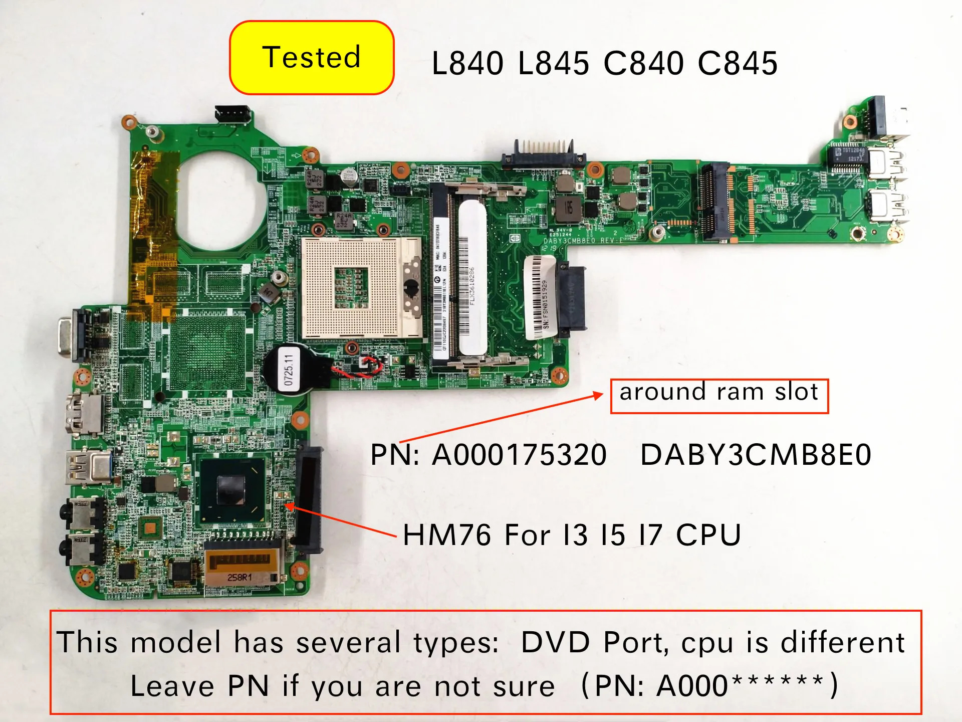 Оригинальная материнская плата A000175320 A000174120 dаби3cmb8e0 для ноутбука Toshiba Satellite L840 L845