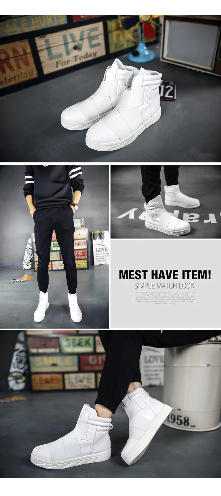 Soft Leather GZ Punk Hip Hop Shoes Men White Solid Dance Platform Flats Fashion Lace Increased Man High Top Zapatillas Hombre