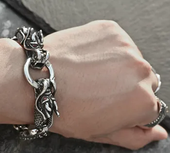

Punk Rock Double Dragon Stainless Steel Chain Bracelet Men's Retro Personality Hipster Jewelry Punk Hip Hop Wild Jewelry