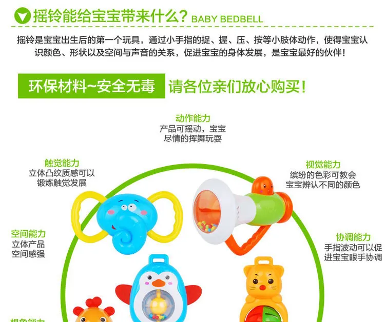 Qunxing abbe lbh Baby Teether Hand Rattle Set Educational 0-1-Year-Old Newborns Baby Rattle Teether Toy