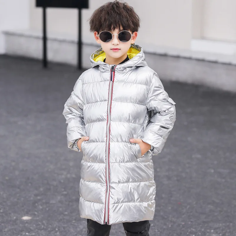 Серебристый Children's Boys Winter White duck Down Jacket for Girls clothes For Silver Clothing Kid Hooded Parka Long Overcoat 3-13 Yrs - Цвет: Серебристый