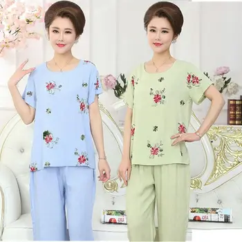 

100% Cotton Middle-Aged Pajamas Female Summer Cotton Plus Size Short-Sleeved Mom Pajamas Suit Home Service Female Sleepwear