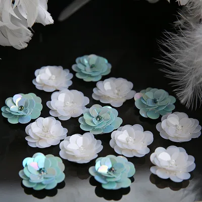 

FFLACELL Mint Green White Rose Flower sequined patches for clothing Sewing on appliques flower patches handmade accessories