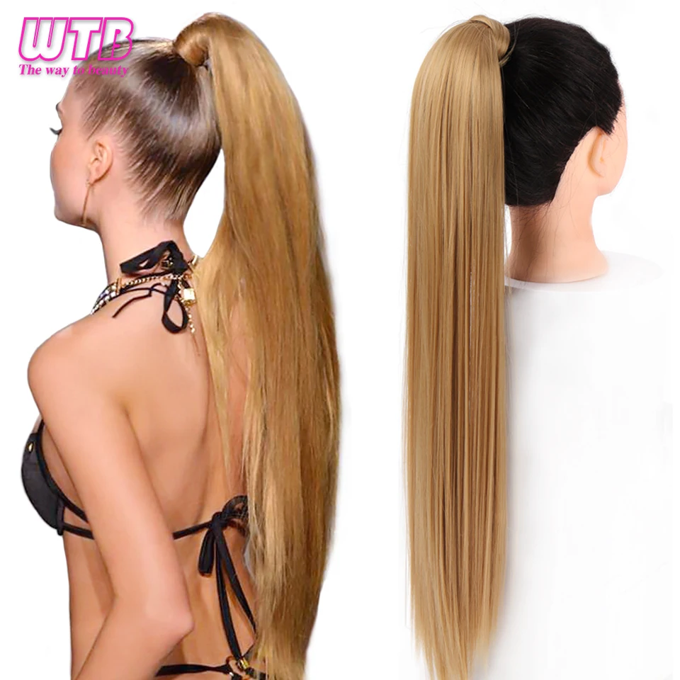 Reto em Torno do Grampo Rabo de Cavalo Extensões de Cabelo Feminino Sintético Polegada Longo Envoltório no Natural Preto Marrom Pônei Cauda Falso Cabelo Wtb 32 1 High Quality Apliques e perucas