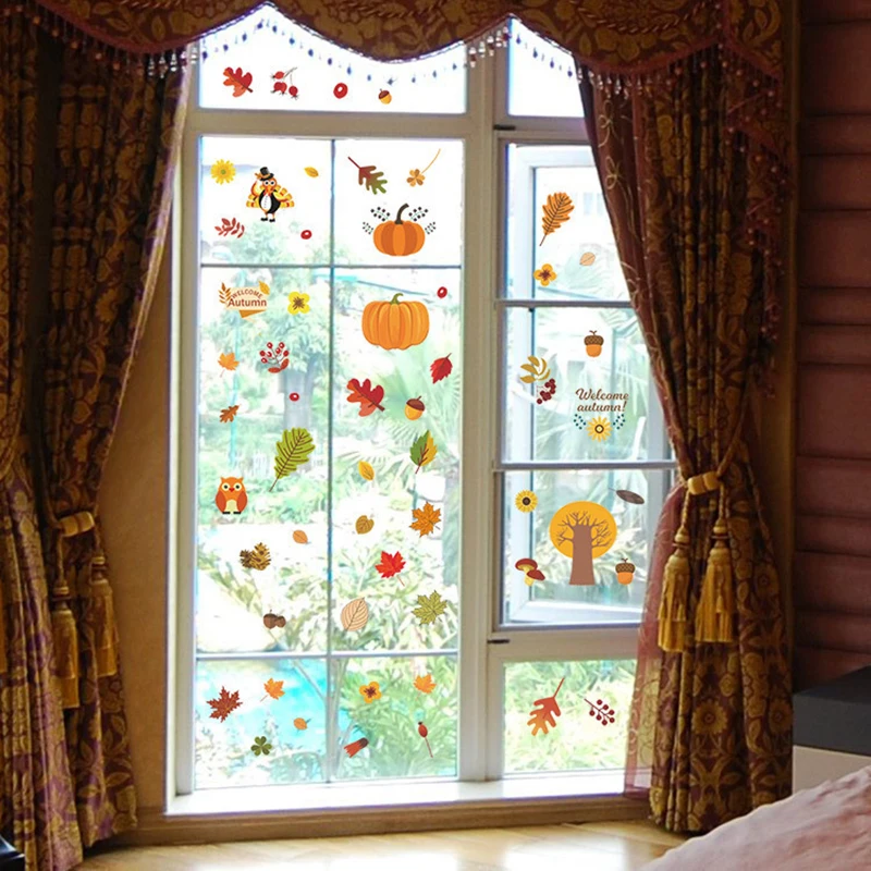 

1set 6 Pieces Autumn Maple Leaf Window Sticker Thanksgiving Window Sticker Maple Leaf Turkey Fruit Sticker