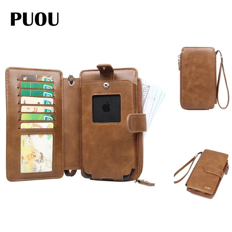 

PUOU Vintage Men Wallets Long Style Card Holder Male Purse Zipper Large Capacity Clutch Business Male Wallet Card Holder