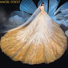 

Gorgeous Dubai Sexy Golden Luxury Wedding Dresses 2020 Sequined Off Shoulder Wedding Gowns Bridal Dress Bride Custom Made Boda