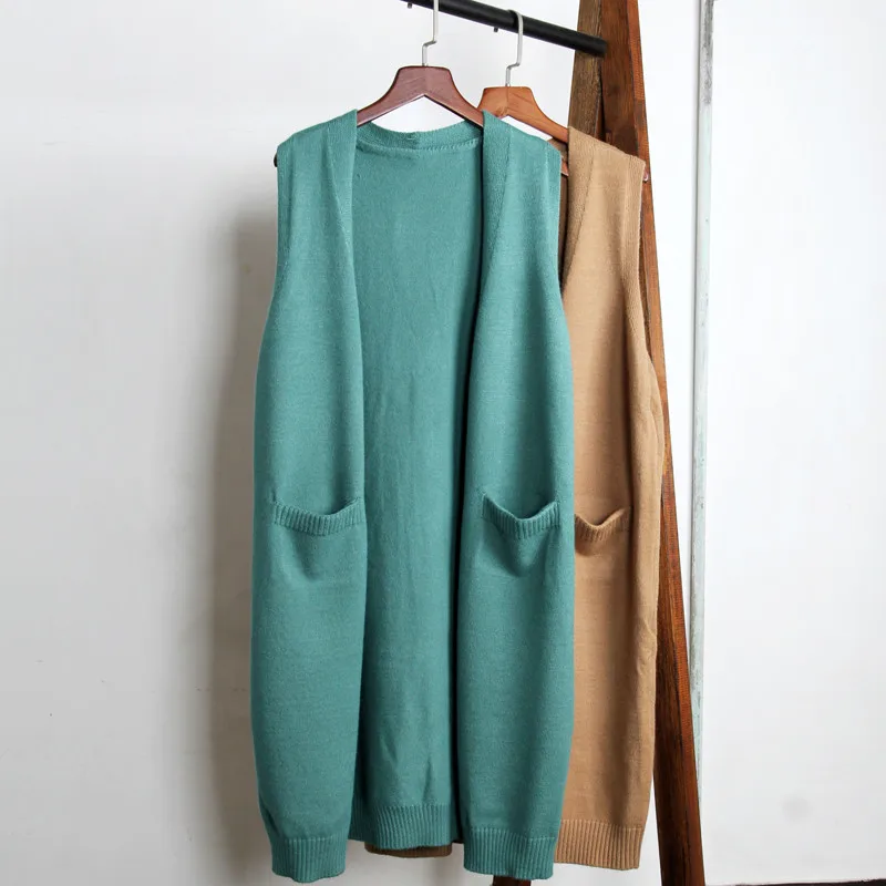 Весенне-осенний шерстяной вязаный жилет женский свободный длинный кашемировый кардиган корейский свитер без рукавов шерстяной Элегантный Классический жакет - Цвет: Зеленый