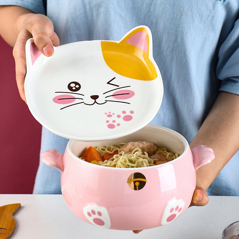 Cuenco De Fideos Instantáneos Con Tapa - Acero Inoxidable, Diseño De Gato Animado, Ideal Para Ramen Y Sopas