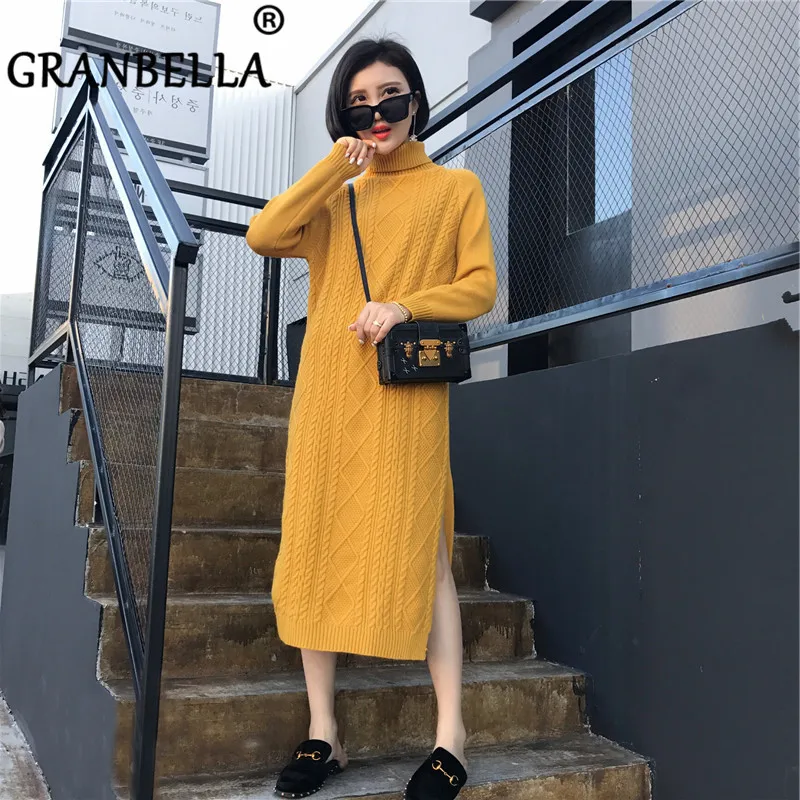 

Version of The Bottom of The Knitting Turtleneck Solid Color Long Sweater Dress Full Sleeve Casual Warm 2019 Fashion