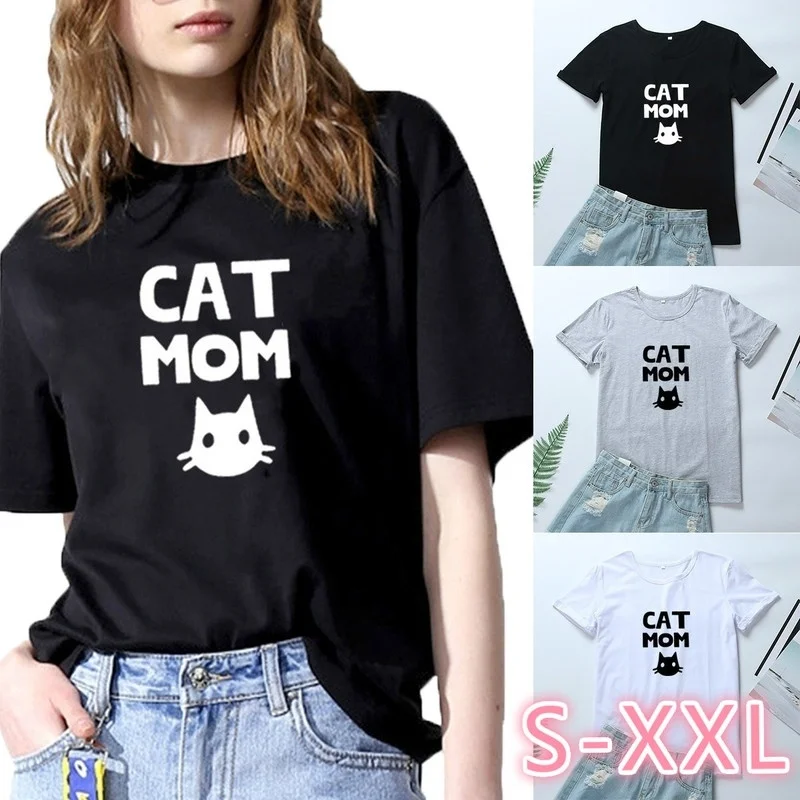 

Women Summer Cat Mom T-shirt Cotton Short Sleeve O-neck Casual Cartoon Graphic Tees Top Black White Pink