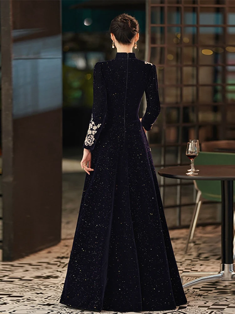 formal dress blue velvet dress long sleeves