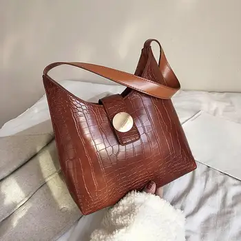 

Women Retro Crocodile PU Leather Handbags Fashion Solid Color Shoulder Bag Simple Elegant Shopping Totes