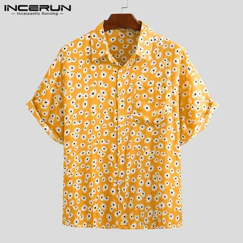 

INCERUN Summer Men Hawaiian Shirt Cotton Short Sleeve Flower Print Blouse Lapel Beach Casual 2020 Camisas Hombre Streetwear 7