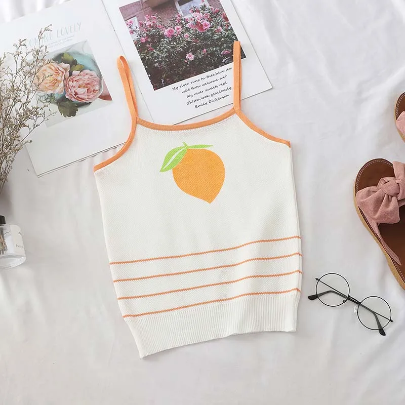 HELIAR camhetti Camisoles Летняя женская трикотажная Полосатая майка с круглым вырезом Женская майка с фруктовым принтом без рукавов Femme Camis