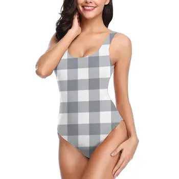 

Swimwear Women Buffalo Plaid Gray One Piece Swimsuit Women Bodysuit 2020
