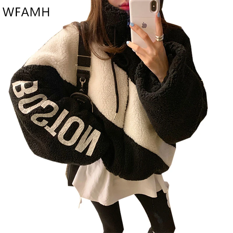 

Oversized Contrast color lamb wool jacket 2020 winter new women's plush black white letters loose Warm jacket plus size cothes