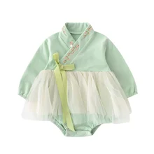 

New Born Baby Romper for Girl Fashion Embroidery Mesh Jumpsuit 2021 Spring Autumn New Chinese Style Kids Clothes Girls Outfits