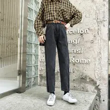 Женские осенне-зимние шаровары с боковой полосой, джинсы большого размера с карманами, брюки с высокой талией, повседневные потертые джинсовые штаны