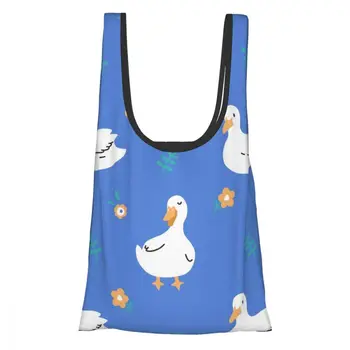 

Reusable Eco-Friendly Grocery Foldable Shopping Bag Cute Duck And Flowers Folding Tote Bag with Handle