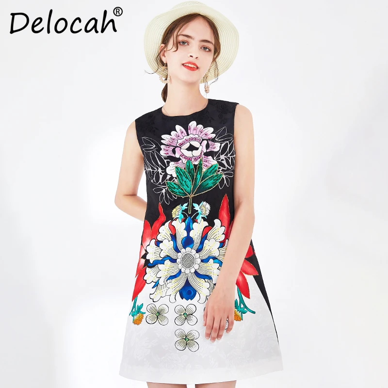 

Delocah 2020 Spring Summer Women Dress Runway Fashion Designer Sleeveless Gorgeous Crystal Beading Printed A-Line Mini Dresses