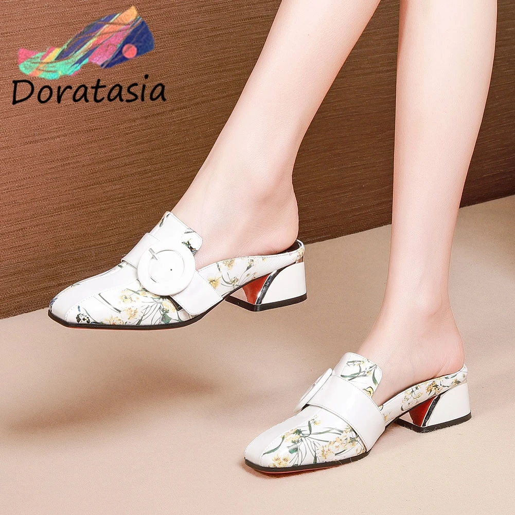 

DORATASIA Fashion Print Genuine Leather Shoes Med Heels Casual Mules Women 2020 New Luxury Brand Square Toe Dress Pumps