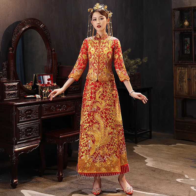 XiuHe высококачественное красное китайское свадебное платье женское Cheongsam Золотое