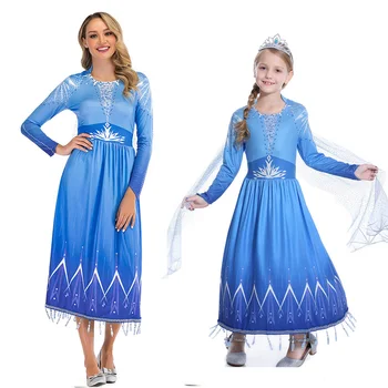

2020 New Elsa 2 Children Adult Dress Frozen 2 Christmas Set Cosplay Elsa Birthday Party Blue Evening Dress Parent-child Set