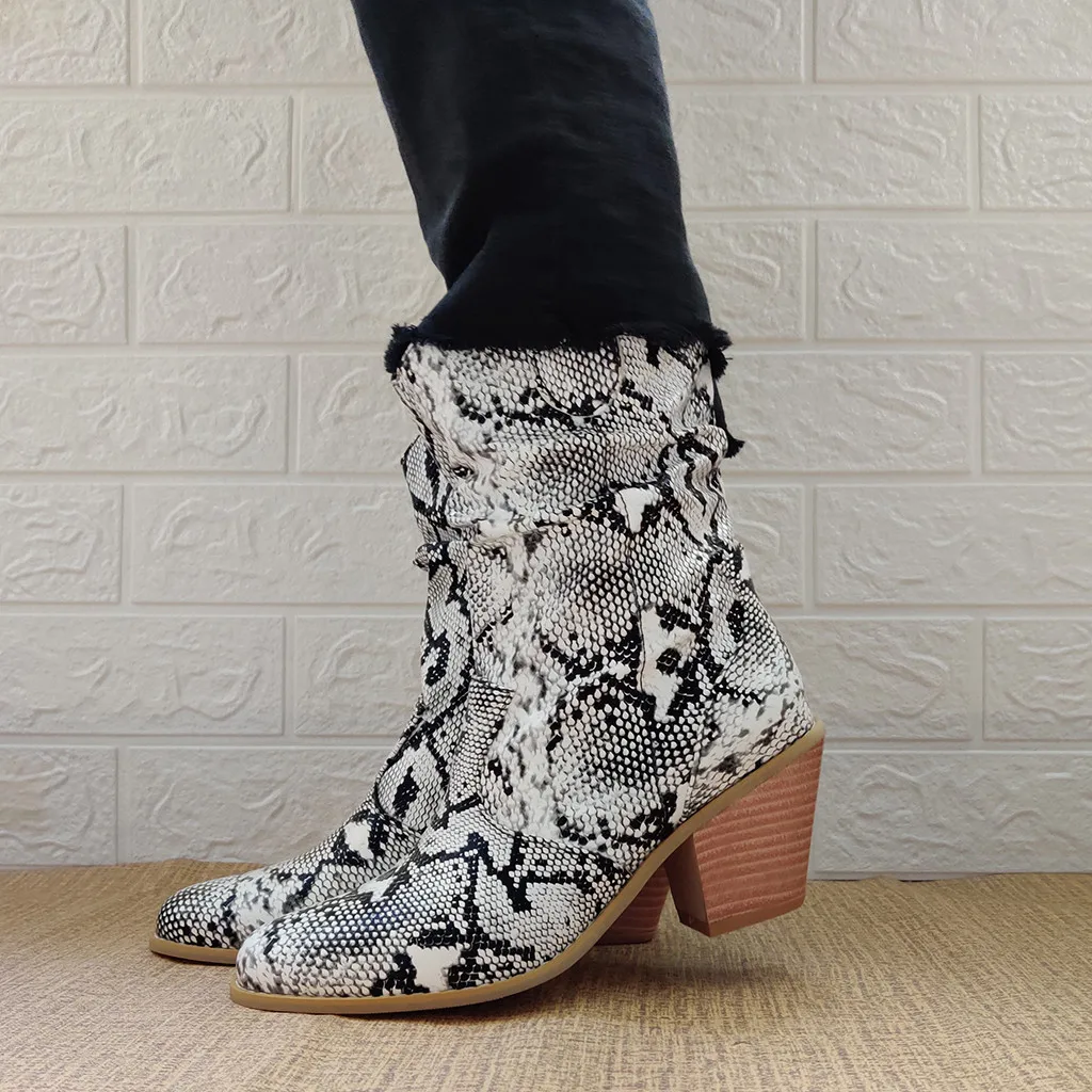 PU Leather Snake Grain Boots Round Toe Slip-On Square Heels wild vintage Women Boots British Style Round chunk heels shoes lady