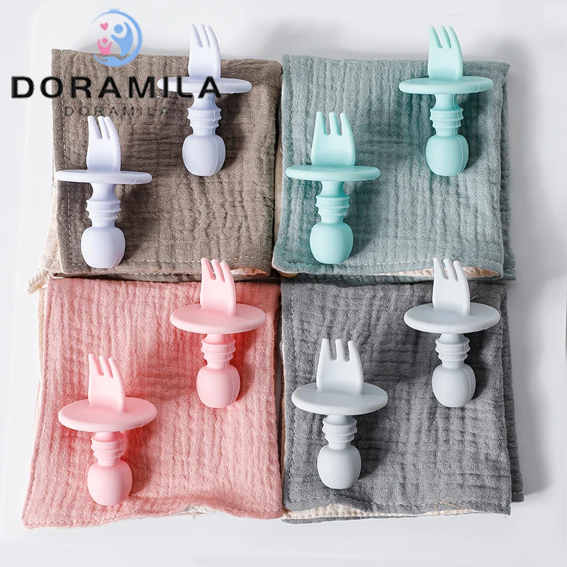 

2pcs/lot Children's Tableware Baby Dishes Set Silicone Fork Spoon Set Feeding Food Children's Dishes For Games Soft BPA Free