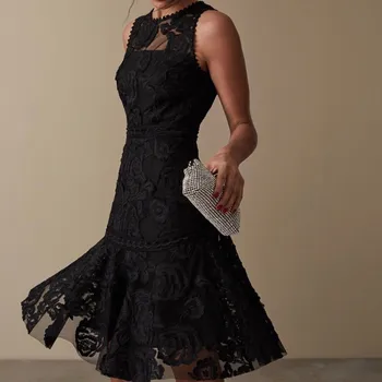 

New Fashion 2020 Designer Runway Dress Womens Sleeveless Embroidery Gauze Mermaid Dress Ruffles Flowers Crochet OL Party Dresses