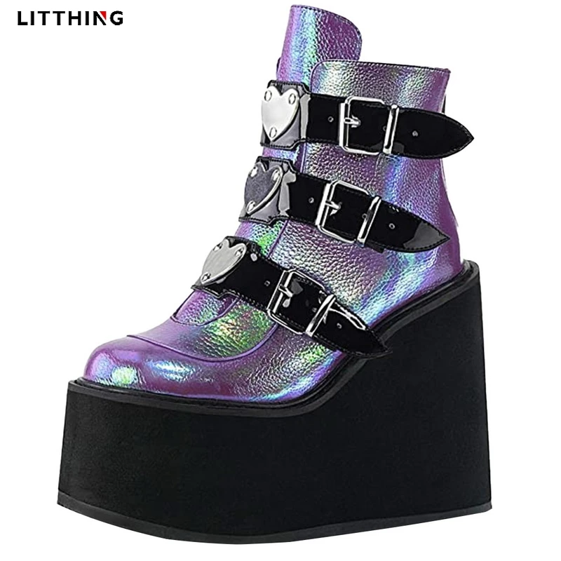 

LITTHING Winter Metal Buckle Ankel Boots Women Punk Female Platform Boots Wedges High Heels PU Women Boots Botas Mujer Plus Size