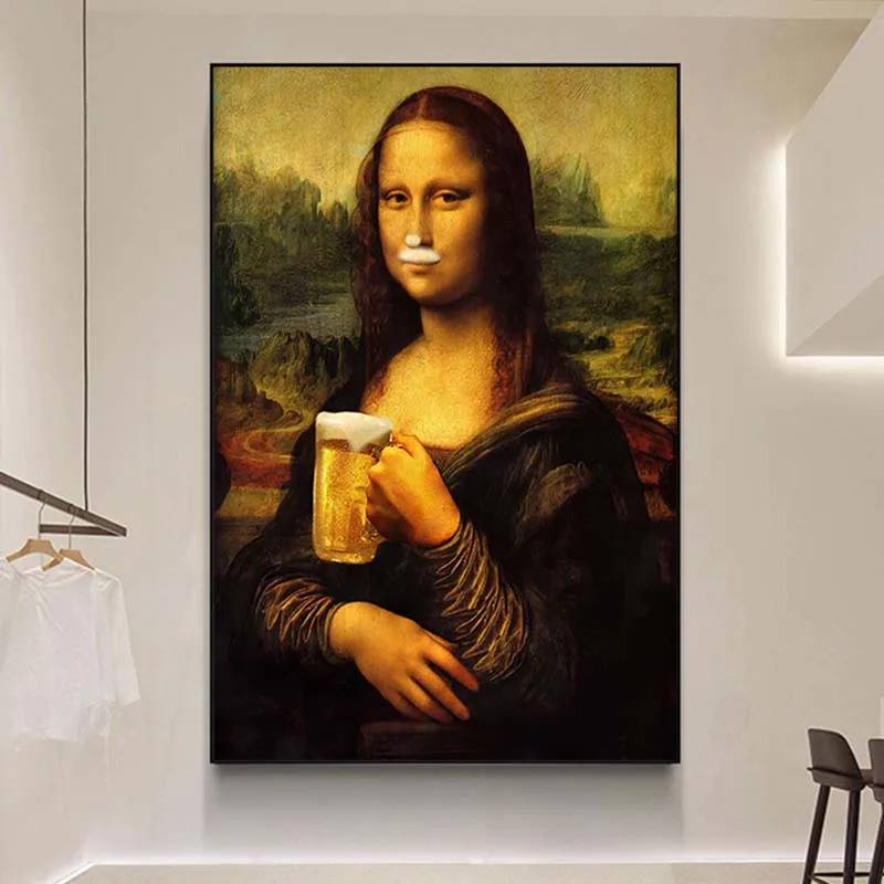 

Funny Mona Lisa Drinking Beer Canvas Paintings Famous Posters and Prints Wall Art Modular Pictures for Living Room Home Decor