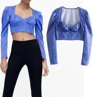 Za Women 2021 Fashion Wave point Sexy V-neck Short Blouses Vintage Long Sleeve Elastic Hem Female Shirts Chic Tops