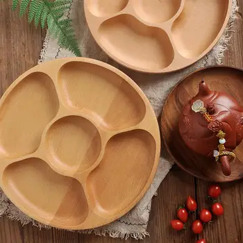 

25/30cm Wooden Partition Tray Household 5 Compartments Snack Dry Fruit Plate Natural Wooden Round Shape Food Divided Plate