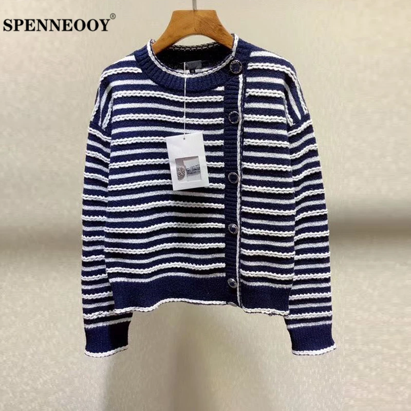 

SPENNEOOY Designer Custom Runway Women Spring Vintage Cardigans Long Sleeve Striped Knit Button Ladies Knitting Sweater