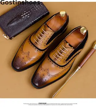 

Italian Design Men Shoes Black Brown Genuine Leather Dress Brogue Oxfords Lace-up Pointed Toe Wing Tip Cut-out Formal Shoes Men