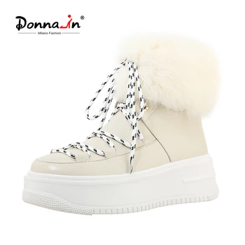 

Donna-in Chunky Platform Rabbit Fur Snow Boots Lace up Warm Fur Winter Boots 2020 Thick Bottom Flat Heel Leather White Boots New
