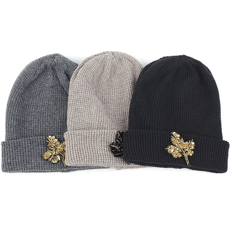 

Solid Color Women Beanie Hat With Rhinestones Maple Leaves Accessories Autumn Winter Warm Hat Adult Beanies Outdoor Cap