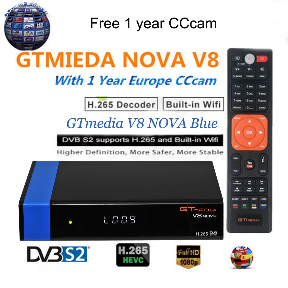 

GT MEDIA DVB-S2 Receptor de TV Satelite Decoder V8 nova Blue Freesat V8 Nova 5clines FTA Free to Air Built-in wifi cccam newcam