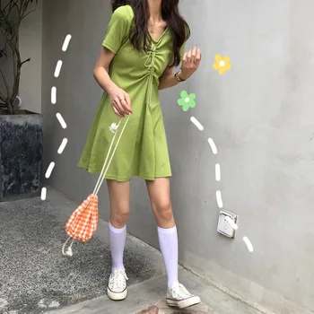 

Photo Shoot 2019 WOMEN'S Dress Summer New Style Korean-style CHIC Drawstring High-waisted V-neck Solid Color Dress