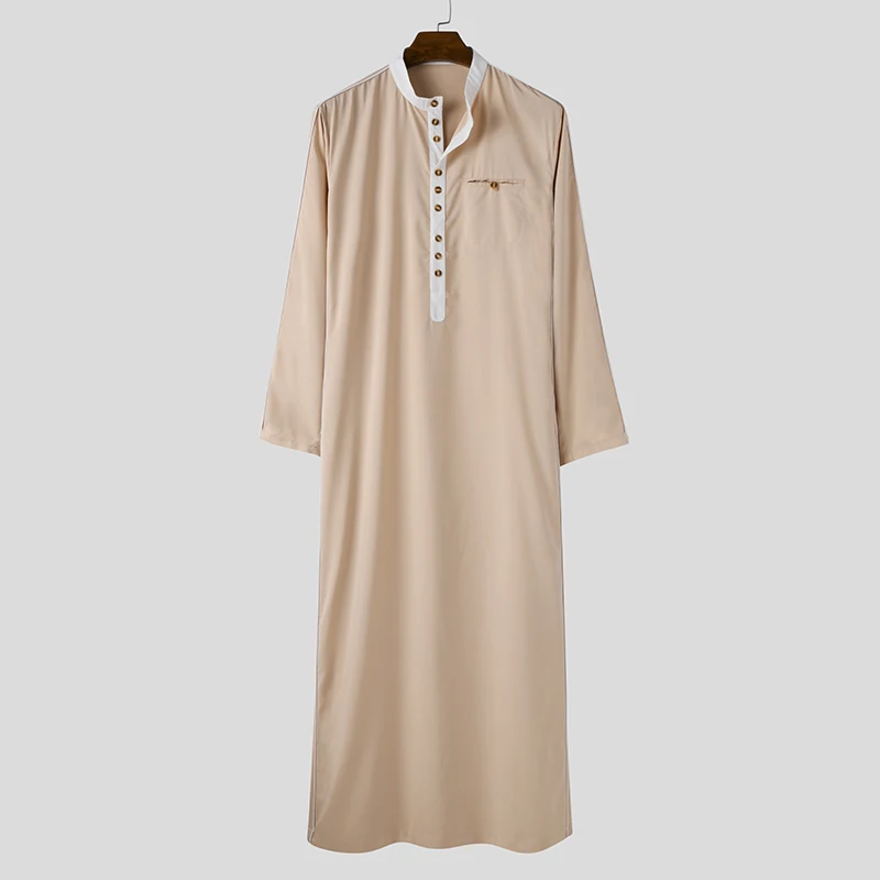 Men Muslim Kaftan Patchwork Stand Collar Long Sleeve Robes Islamic Arab Jubba Thobe Middle East Men Clothes Dubai Caftan INCERUN